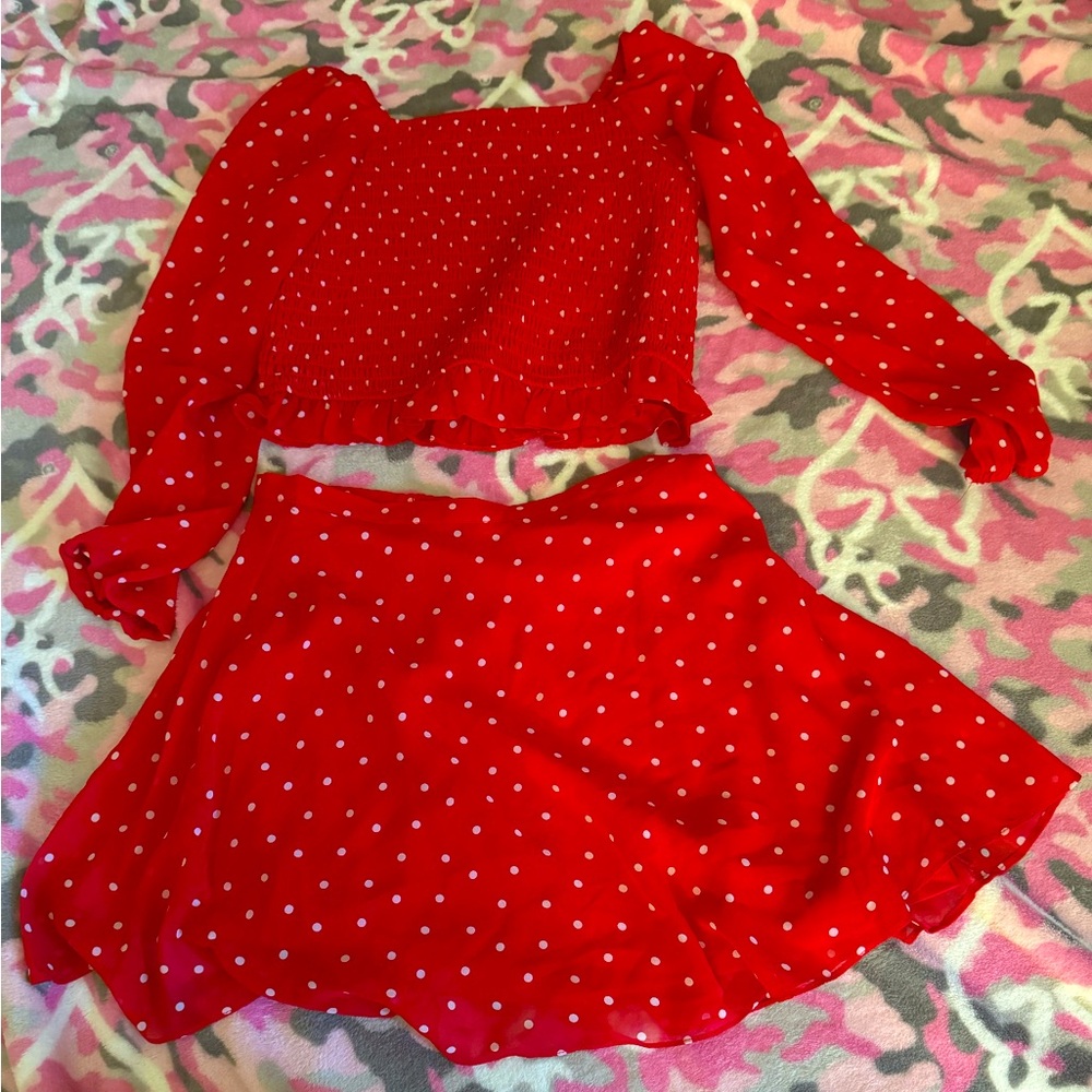Red & white polka dots set skirt and top